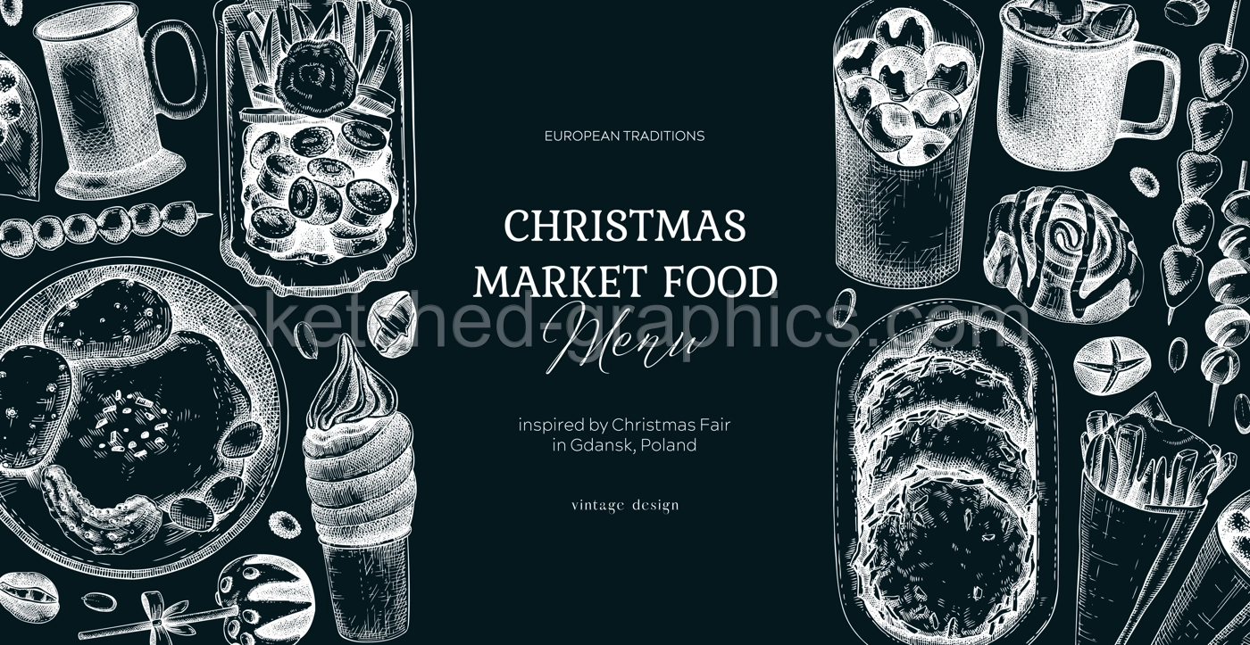 Street food and drink background. Vintage Christmas market banner on chalkboard. Pastries, sweets, grilled meat, raclette, hot drinks sketches. Hand-drawn vector illustration. Fast food menu design Illustration